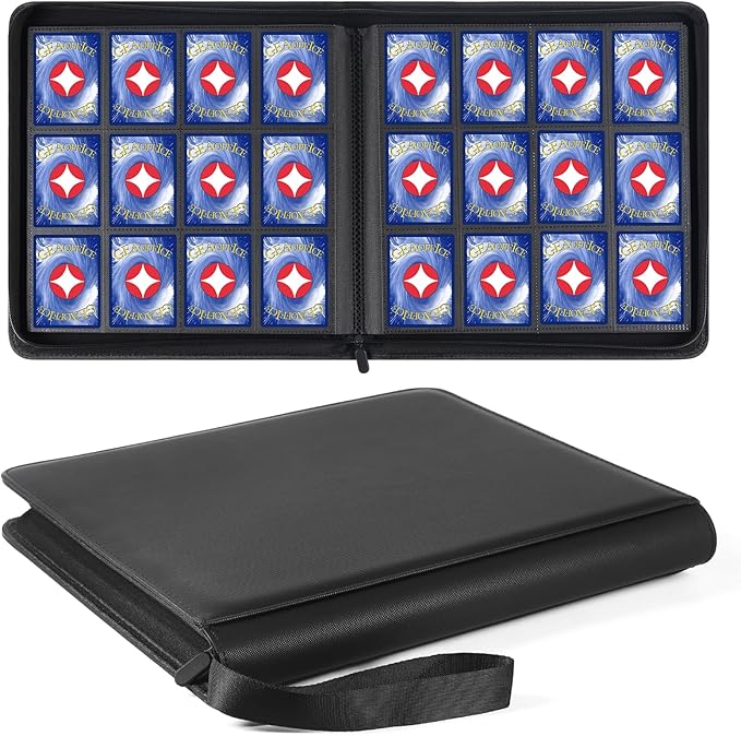 GEAoffice Trading Card Binder 12 Pocket Hold 720 Cards, Premium PU Cover Zipper Collection Binder, Ringless Sturdy Side Loading Card Album Folder for YuGiOh, MTG, TCG, Game & Sports, Non-PVC, Black