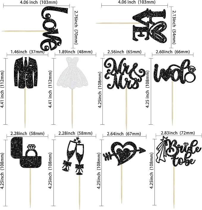 Ephlyn 30Pcs Bride to be Cupcake Toppers Glitter Wedding Cake Topper Decorations I Do Love Heart Ring Cupcake Picks for Bridal Shower Wedding Engagement Party Supplies Black