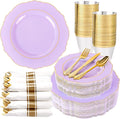 Liacere 350PCS Purple Plastic Plates - Disposable Light Purple and Gold Plates 50guest Baroque Plastic Dinnerware include 100Plates, 50Pack Pre Rolled Napkins with Silverware 50Cups for Mother's Day