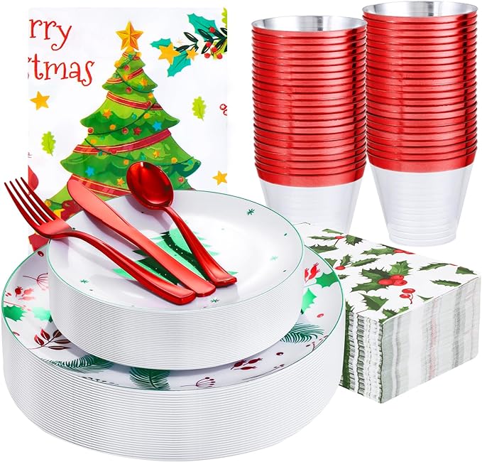 Festiva 176Pcs Christmas Plastic Plates Heavy Duty- Christmas disposable Dinnerware Set-include 50Plates 25Plastic Silverware 25Cups 25Holly Berry Napkins