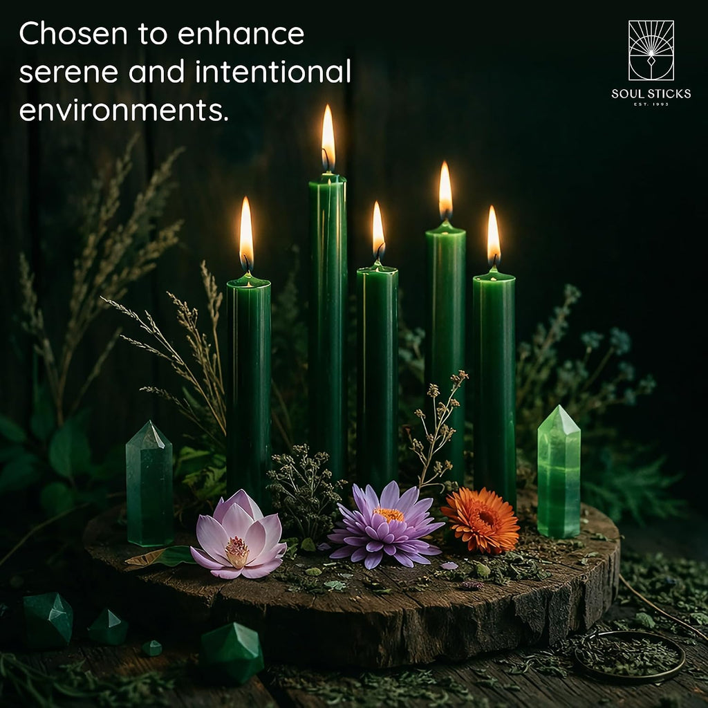 SOUL STICKS Prosperity Magic Spell Chime Taper Candles 20 Pack - Ideal for Altar, Rituals, Ceremonies, Meditation Green Unscented Candle Sticks for Witchcraft Supplies, Wiccan Supplies and Tools