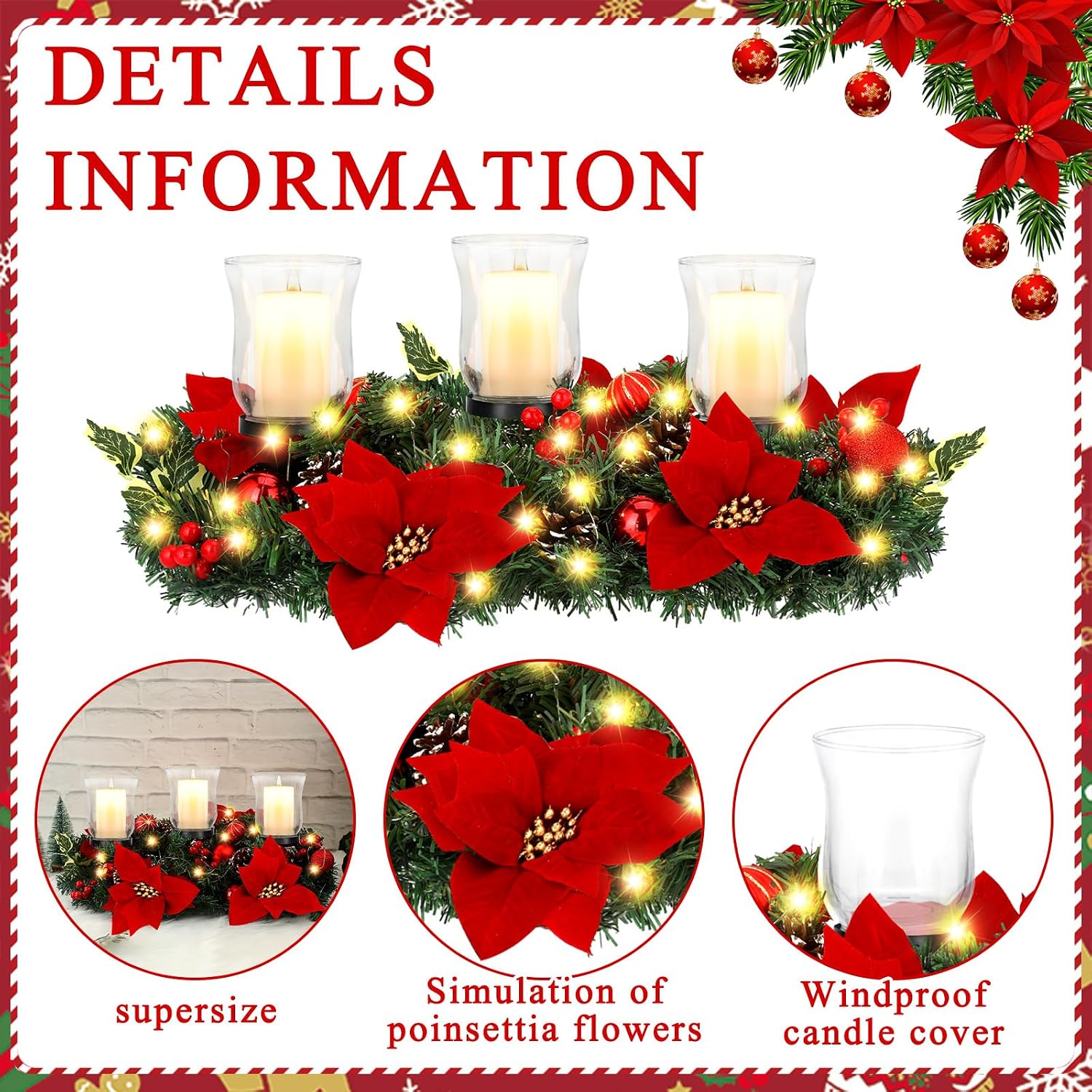 Sliner Christmas Candle Holder Centerpiece Christmas Poinsettia Glass Candle Holder Romantic Holiday Candelabrum for Xmas Party Table Mantel Decorations