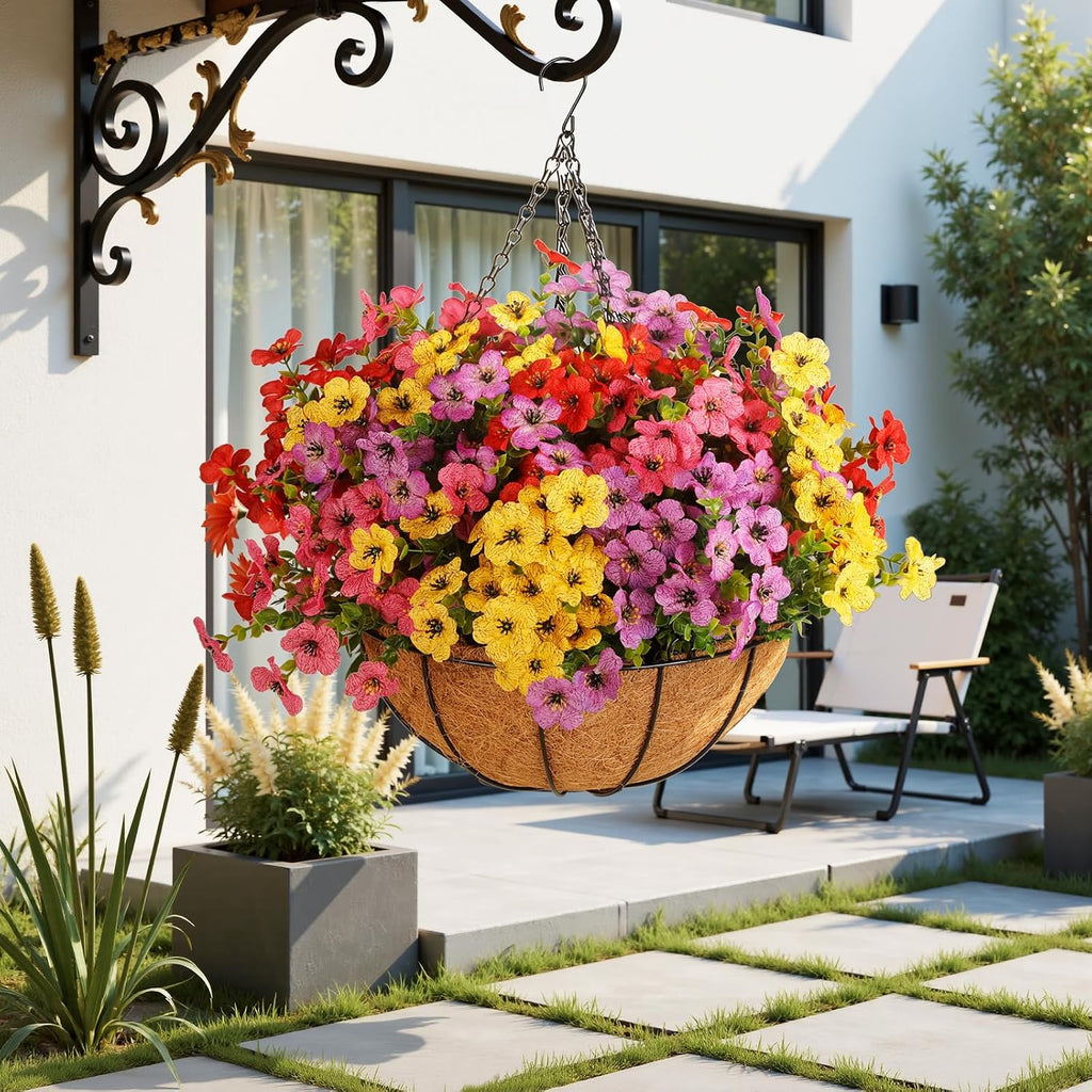 Artificial Outdoors Flowers with Hanging Basket, UV Resistant Fake Hanging Flowers, Faux Silk Plants with Planters for Porch Home Patio Balcony Yard (Rose Red, Purple, Yellow, Red)