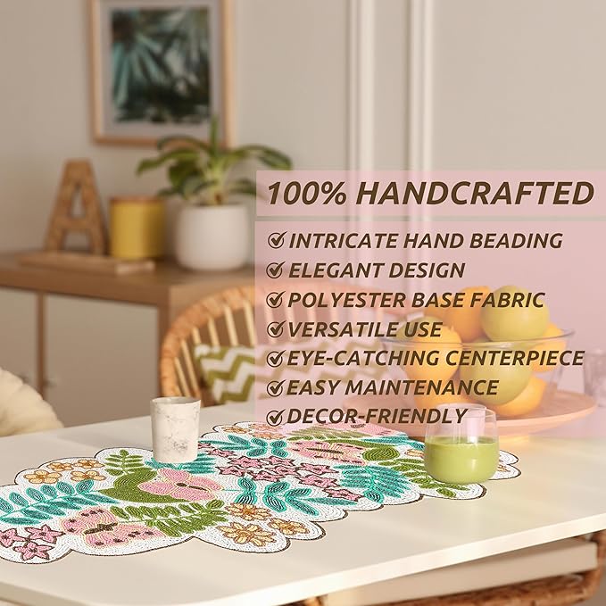 Handmade Beaded Table Runner -35 Inch Spring Floral Runner with Butterflies, Pink Flowers, and Green Leaves -Pastel Table Decor for Easter, Dining Room, Entryway, or Garden Party (Multi) - CLEENTABLE