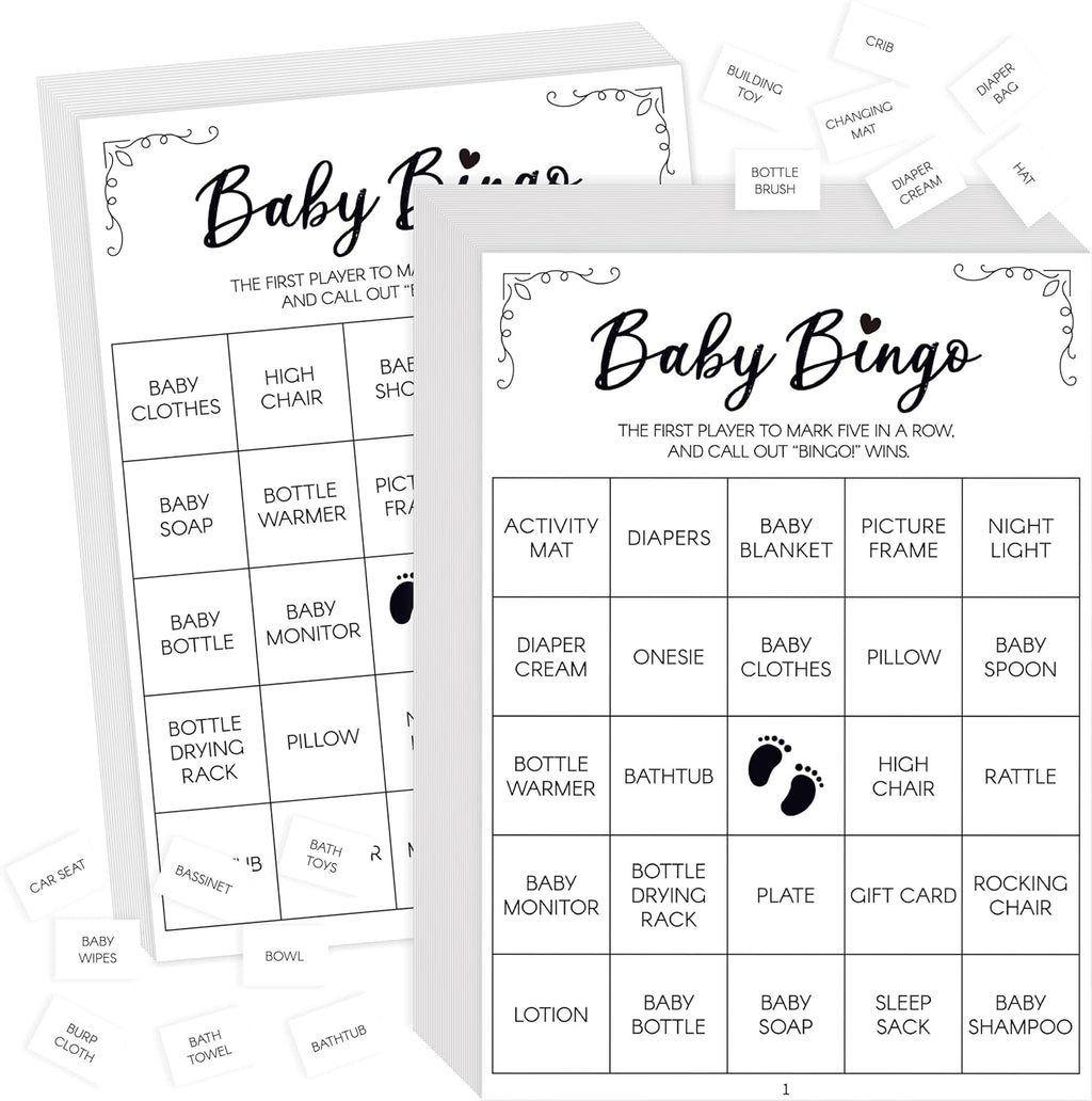 Baby Shower Bingo Game, 50 Bingo Cards Perforated Calling Cards Bingo Games for Baby Shower, Bridal Wedding Shower (White)