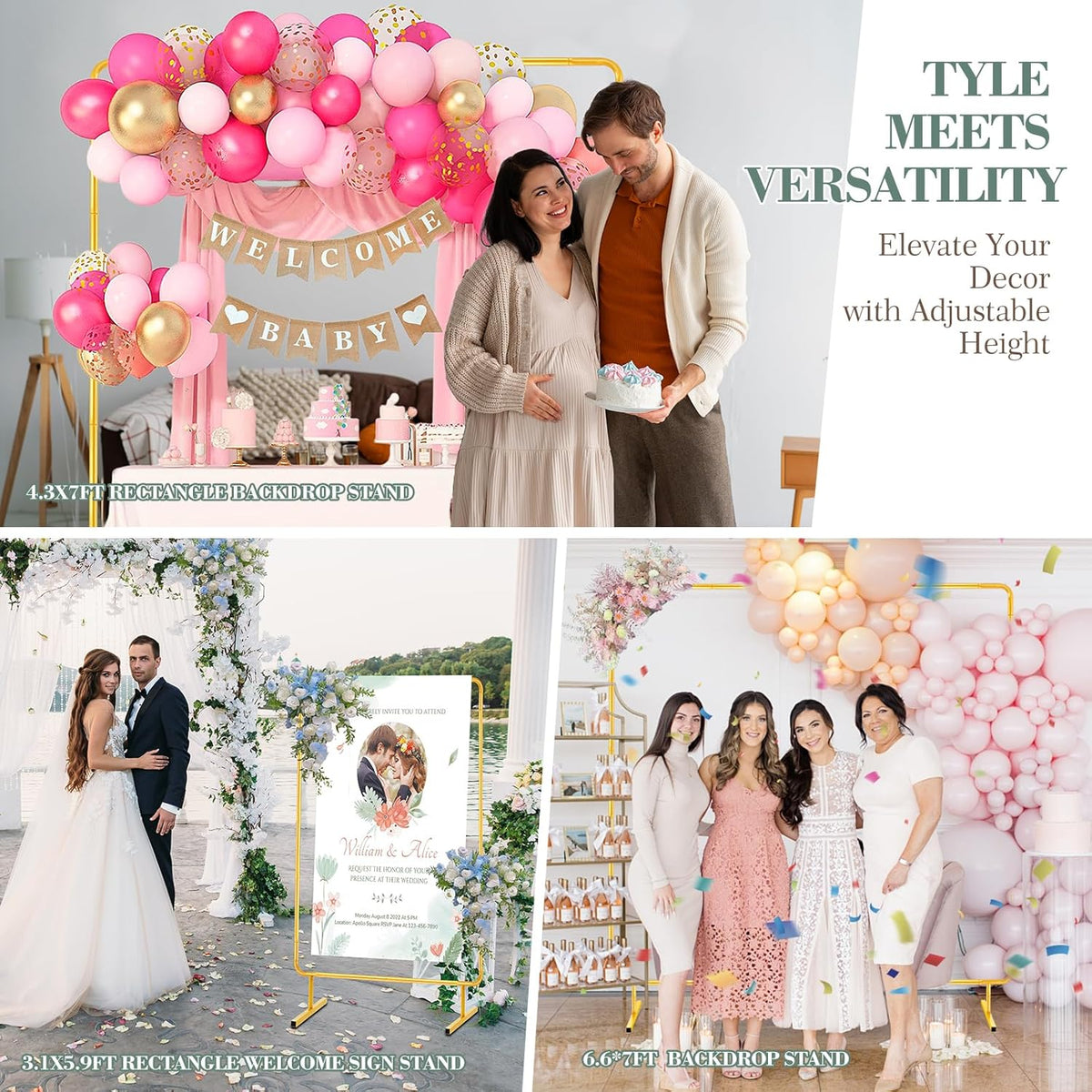 wellsign 6.6ftx6.6ft wedding balloon arch backdrop stand adjustable showing dimensions