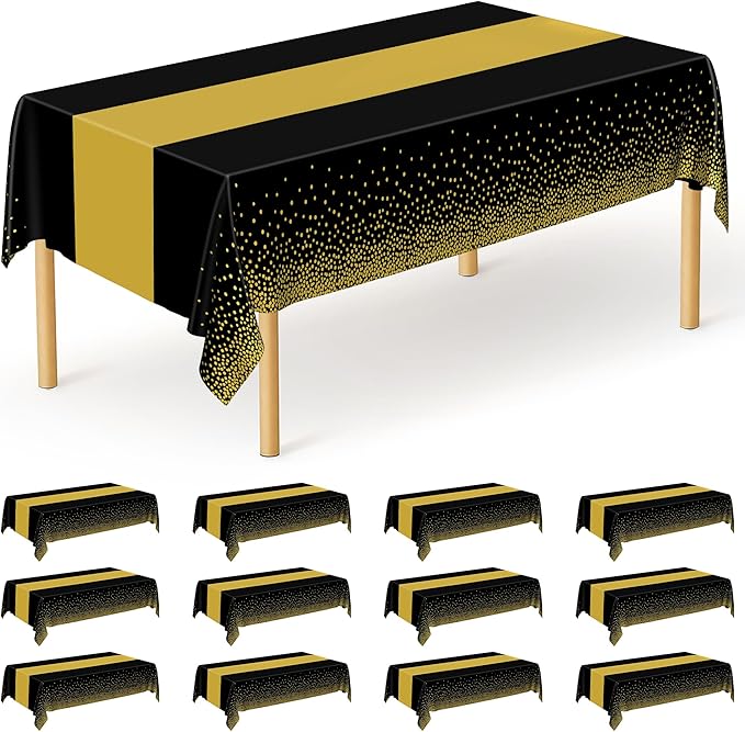 QZYL 12Pack Plastic Table Cloth Disposable, 54" x 108" Waterproof Black Table Cloths with Gold Dots, Outdoor Tablecloth for Rectangle, Table Cloth Cover for New Years Eve Decorations Holiday Birthday