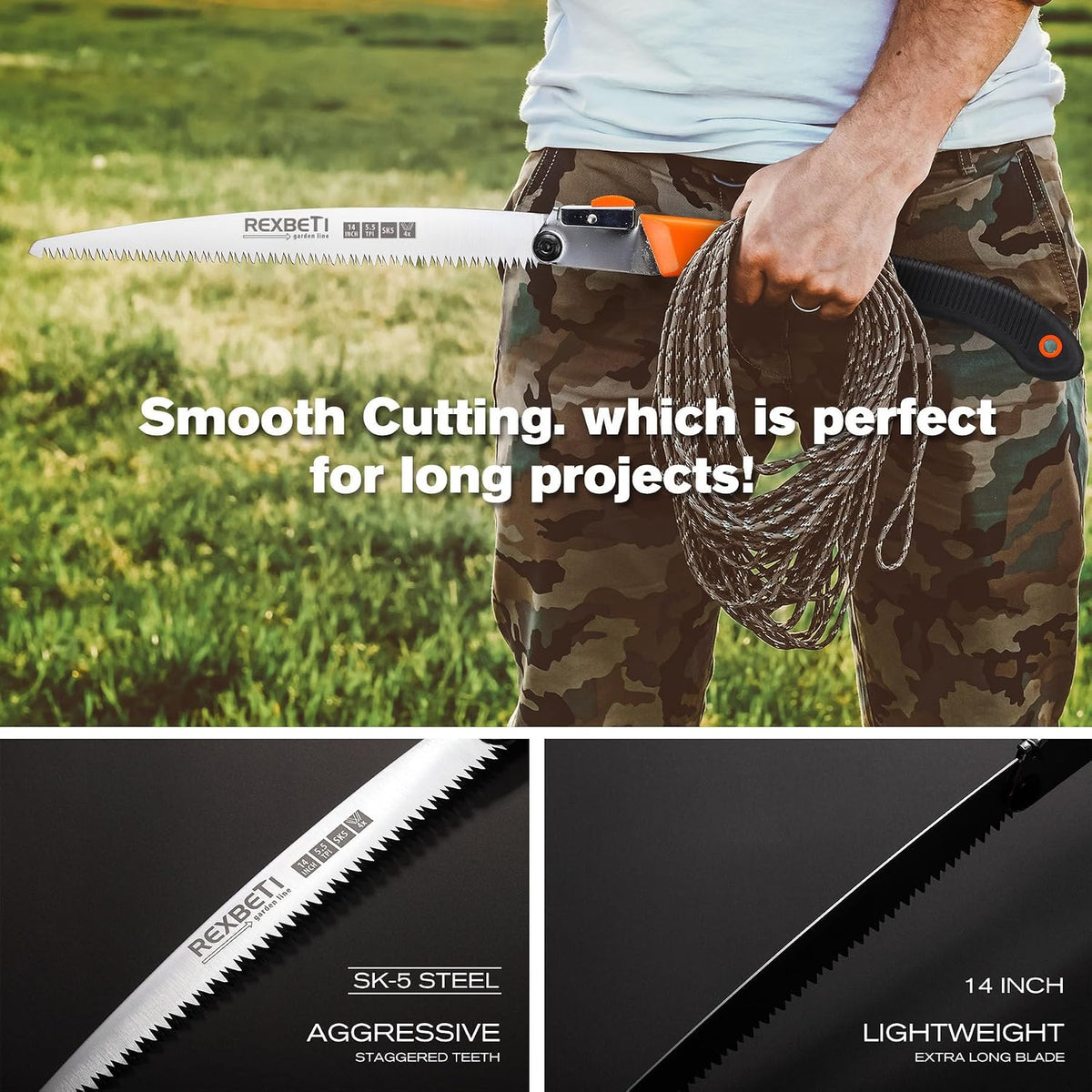 rexbeti 14-inch folding pruning saw, extra long hand shown in use
