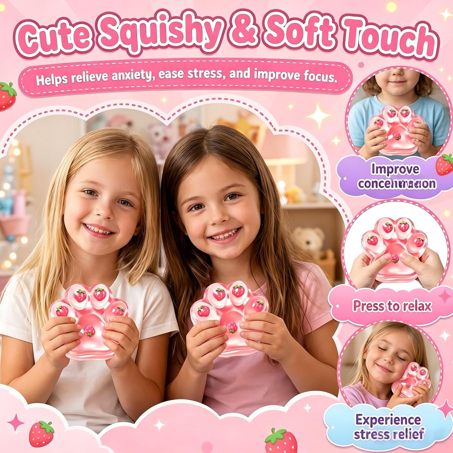Giant Jumbo Strawberry Paw Squishy Toys ( 5 Inches )- Large Stress Relief Squeze Taba Fidget Toys Kit, Birthday Office for Girls Boys Kids Adults