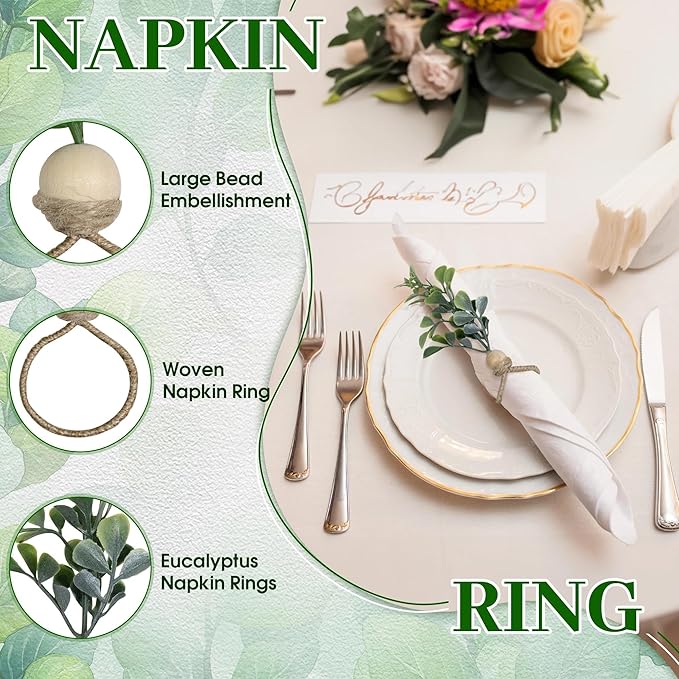 MAOANME Napkin Rings Set of 50, Rustic Eucalyptus Napkin Holder Rings with Wood Bead, Farmhouse Green Leaf Napkin Ring Bulk, Boho Napkin Ring for Wedding, Table Decor
