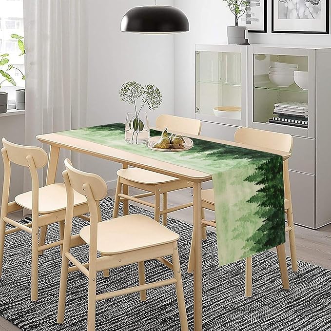 Foggy Forest Table Runner,Watercolor Wreen Misty Forest Landscape Table Runner for Kitchen Dining Table Home Party Decoration 13x72 Inch