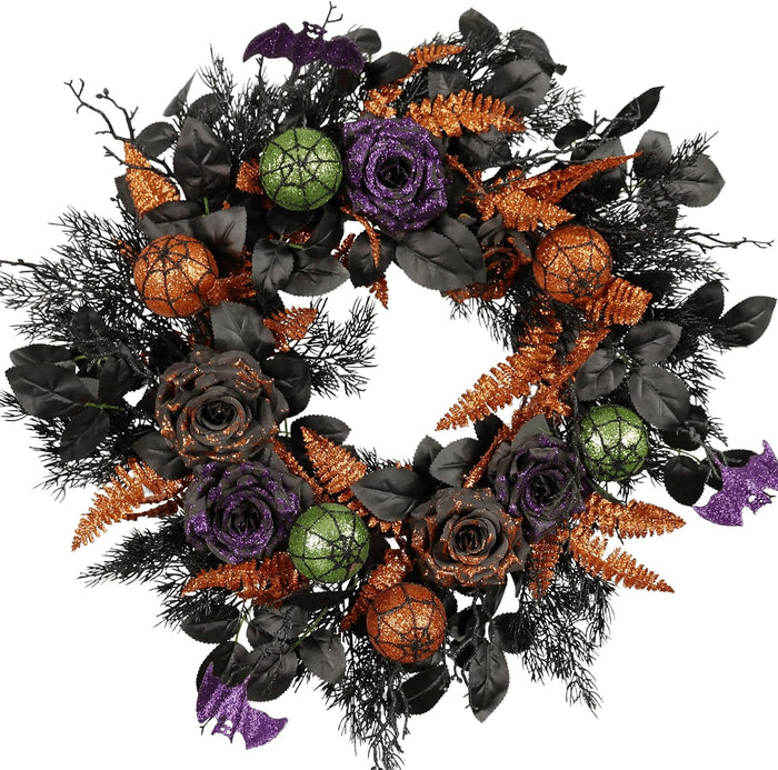 22 Inch Halloween Wreath for Front Door, Spooky Black & Purple Glitter Rose Wreath with Bats & Ornaments, Outdoor Halloween Decorations