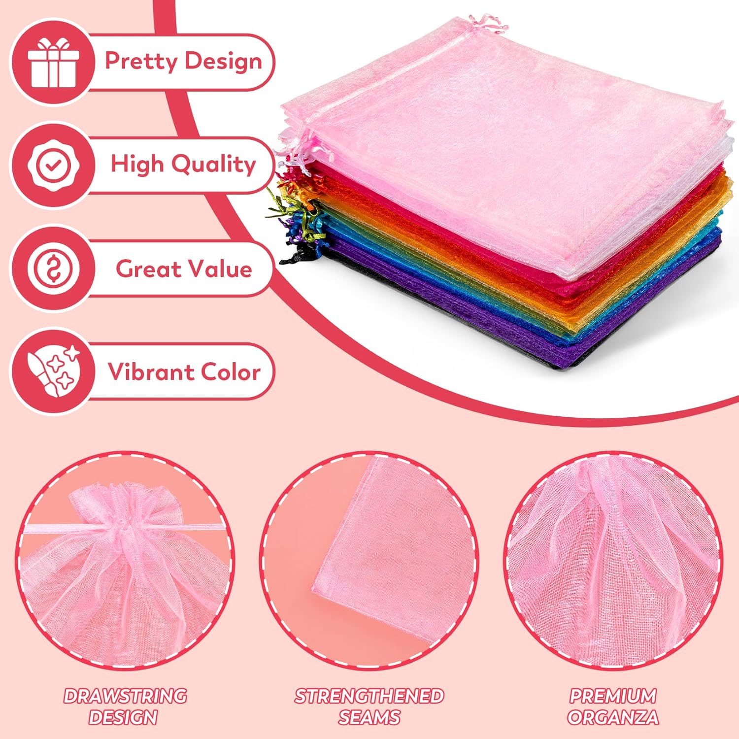 Crweety 50 Pcs White Organza Bags 6x9 Inches, Large Mesh Gift Bags Drawstring, Jewelry Pouches Candy Treat Sachet Mesh Bag Drawstring for Wedding Party Favors Baby Shower & Goodie Gifts