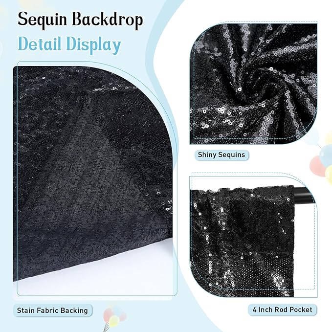 SquarePie Sequin Backdrop Less See Through Thick Background Glitter Curtain for Halloween Party 6FT x 6FT Black