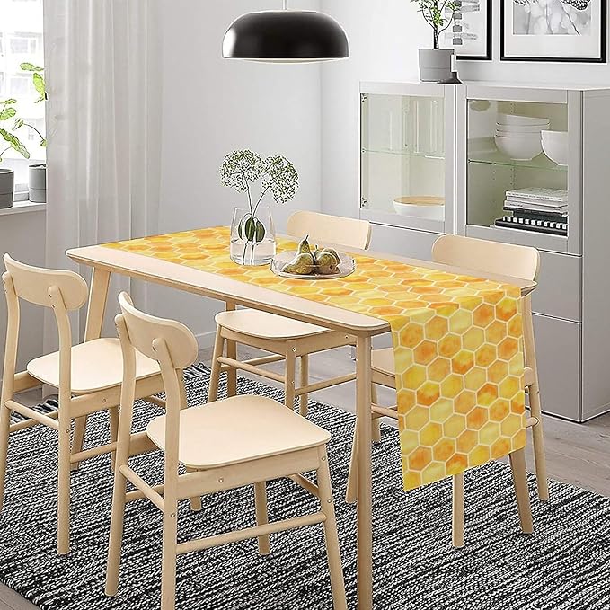 Honeycomb Bee Table Runner, Cute Abstract Geometric Yellow Honeycombs Print Table Cover for Kitchen Dining Table Indoor Outdoor Party Decor, 13x120inch