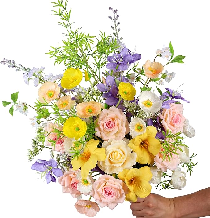 Artificial Flowers Bouquets for Bridal Wedding Home Decor Fake Floral Arrangements for Party Table Centerpieces DIY Silk Flower Set Spring Summer Indoor Outdoor (Combo Pink/Yellow)