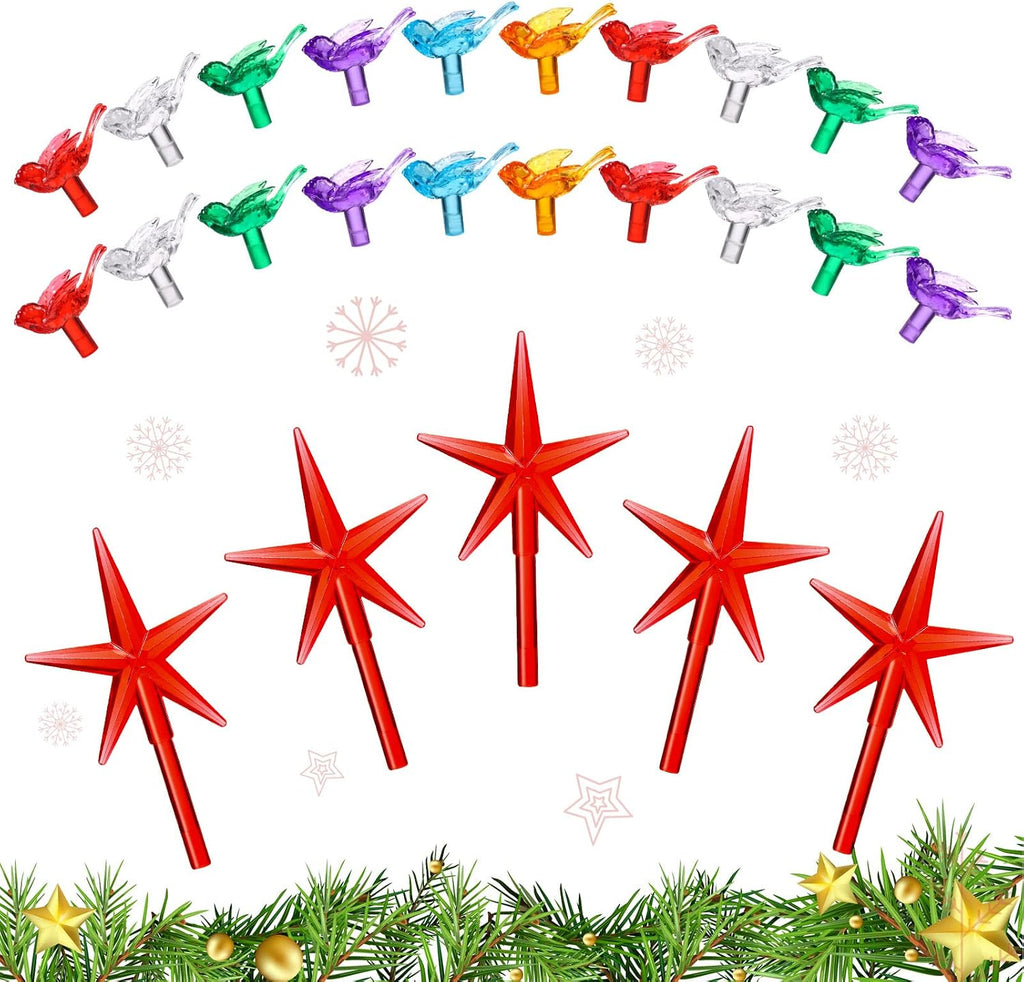 Mudder 120 Pcs Ceramic Bulbs Medium Bird Bulbs 5 Pcs Stars Replacement Plastic Light for Ceramic Tree Top Decorations, Multi Color