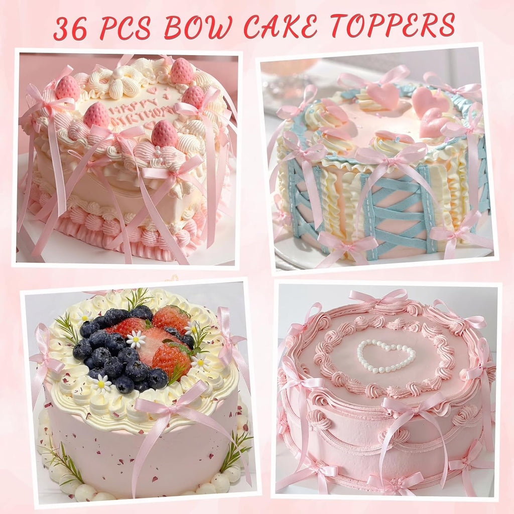 36 PCS Bow Cake Toppers Bow Cupcake Toppers, Light Pink Ribbon Bows for Cake Coquette Birthday Decor for Baby Shower, Bachelorette Events, Wedding Dessert Tables, Balloons and Walls