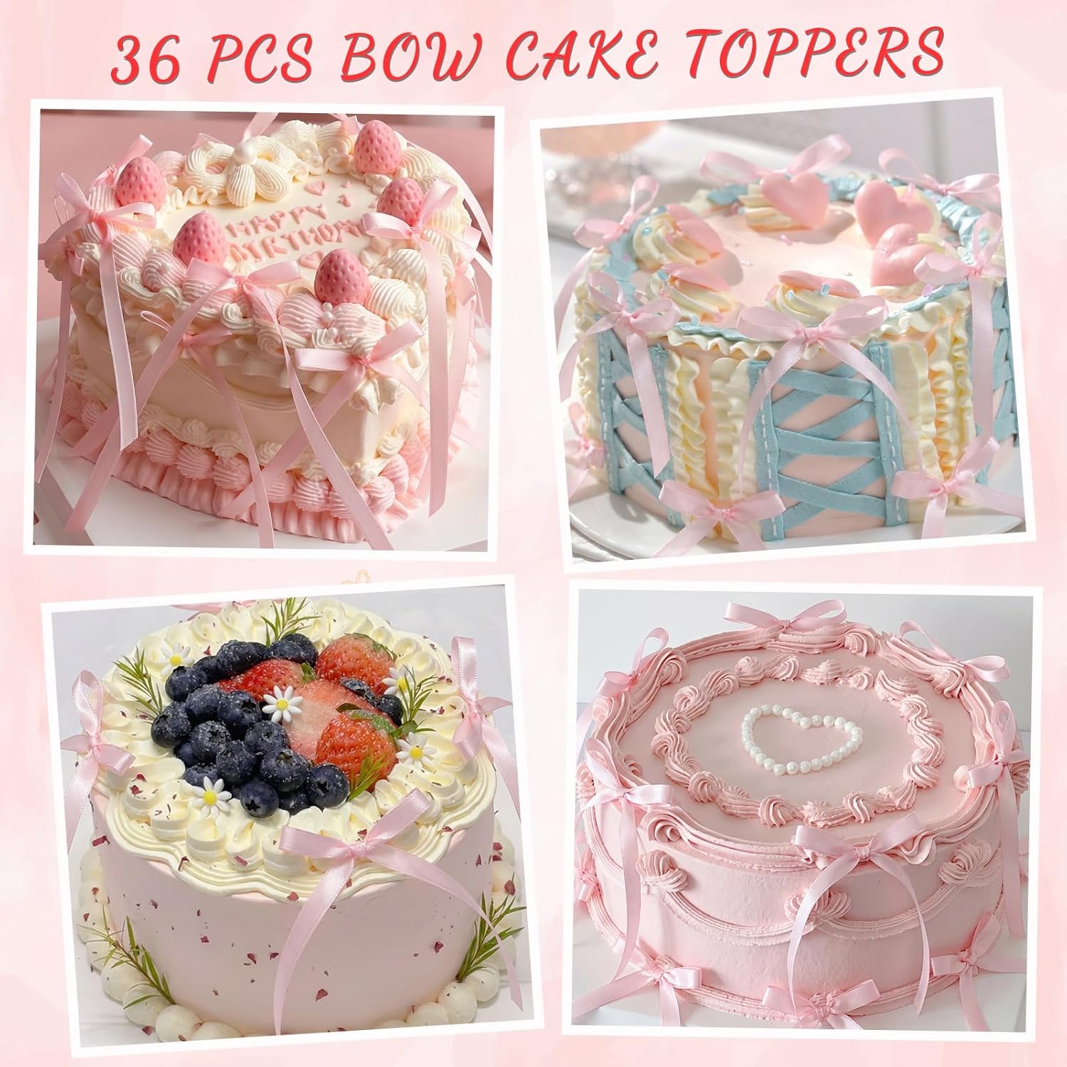 36 PCS Bow Cake Toppers Bow Cupcake Toppers, Light Pink Ribbon Bows for Cake Coquette Birthday Decor for Baby Shower, Bachelorette Events, Wedding Dessert Tables, Balloons and Walls