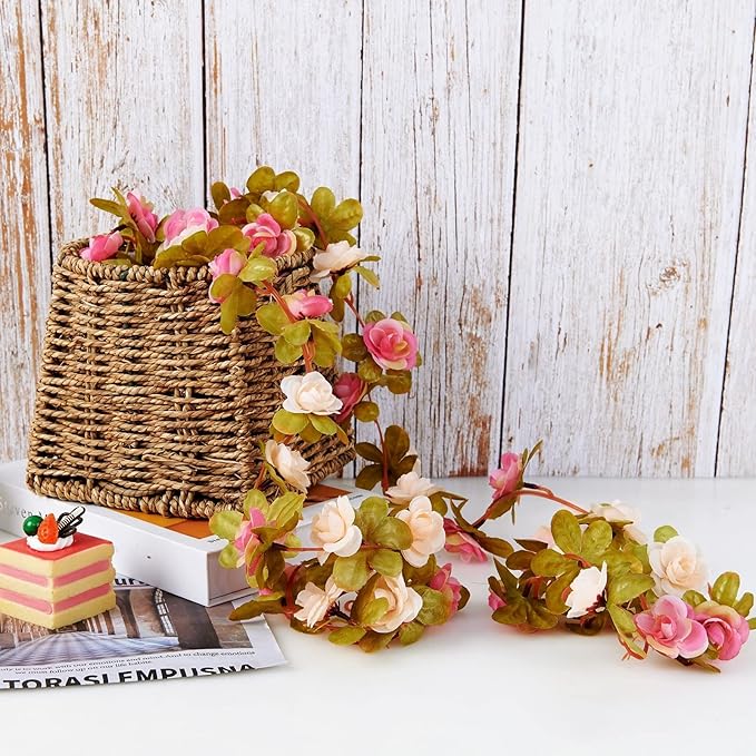 6 Pcs x 8.2 ft Flower Garland Artificial Rose Vine Flowers with Green Leaves Hanging Fake Roses Vine for Room Party Home Wedding Birthday Christmas Wall Arch Decor, Pink Champagne Flower