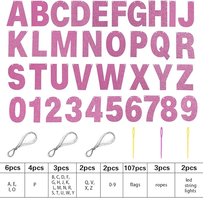 TaoBary 112 Pcs DIY Letter Kit Glitter Customizable Banner Letters Include 107 Letters and Numbers 3 Rope and 2 Needles for Birthday Halloween Christmas Wedding Valentine Party Decor(Pink)