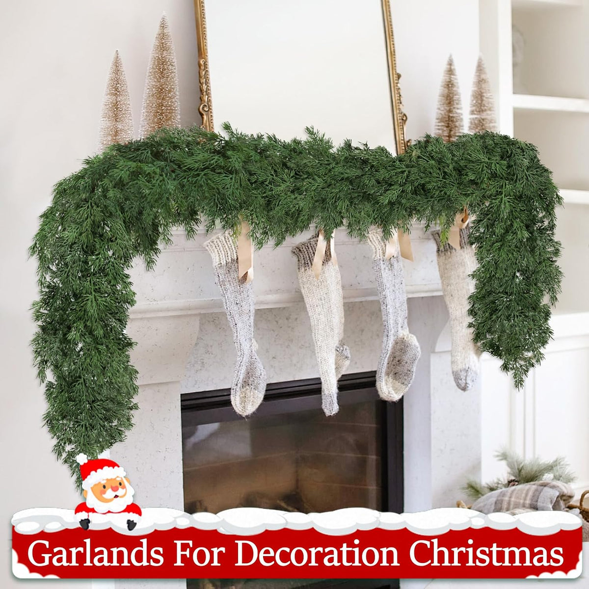 9ft christmas garland realistic fuller,natural droopy,bendable stairs railing on a desk or shelf