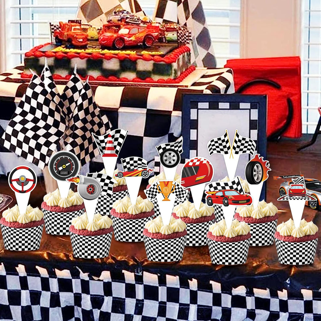 48 Pack Race Car Cupcake Toppers and Wrappers, Race Car Party Cake Decoration for Racing Checkered Theme Birthday Party Baby Shower Supplies