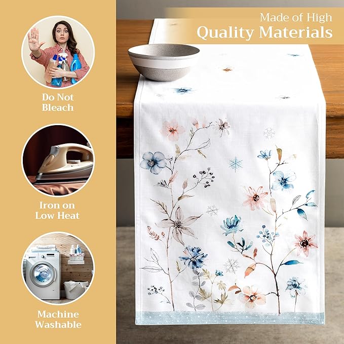 Maison d' Hermine Table Runner 100% Cotton Double Layer Table Runners 72 inches Long for Thanksgiving Christmas Decorations Home Kitchen Dining Party Wedding (Ice Florals, 14.5" x 72")