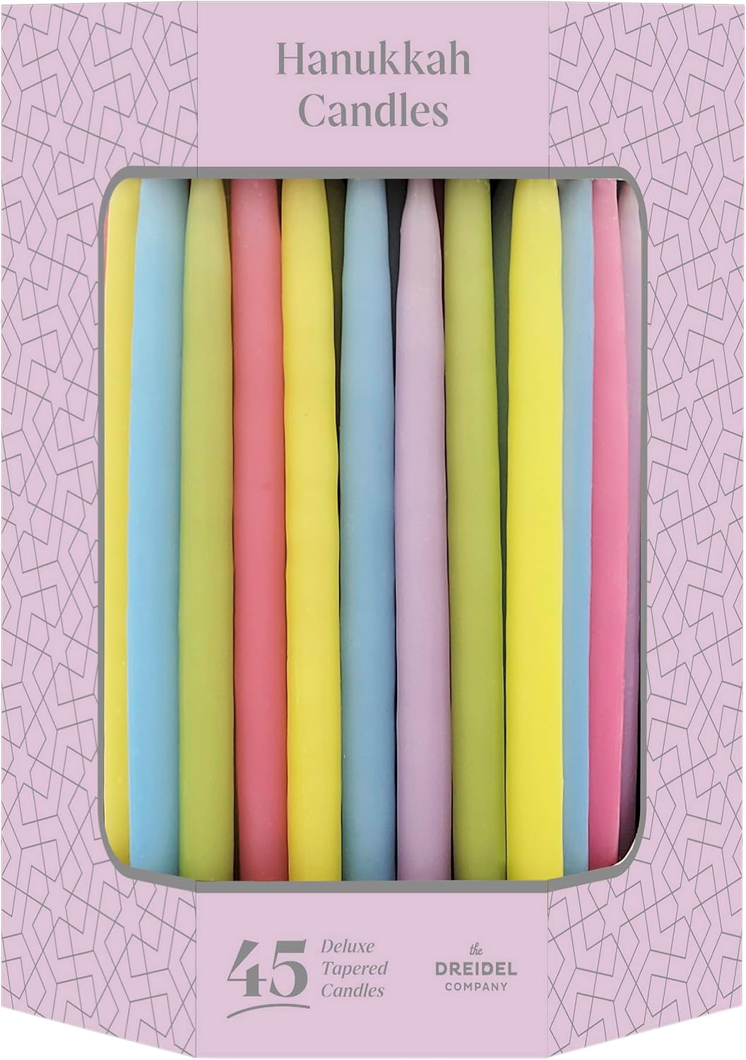 The Dreidel Company Multicolor Pastel Hanukkah Candles Deluxe Tapered Hanukkah Menorah, 1-Hour Burn Time, 45 Candles for All 8 Nights of Chanukah