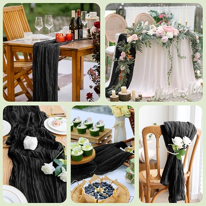 Asee'm 12pcs Cheesecloth Table Runner 120 Inches Long Black Boho Gauze Cheese Cloth Runner 10FT Rustic Sheer Table Runners for Christmas Wedding Party Baby Shower Spring Easter Decoration