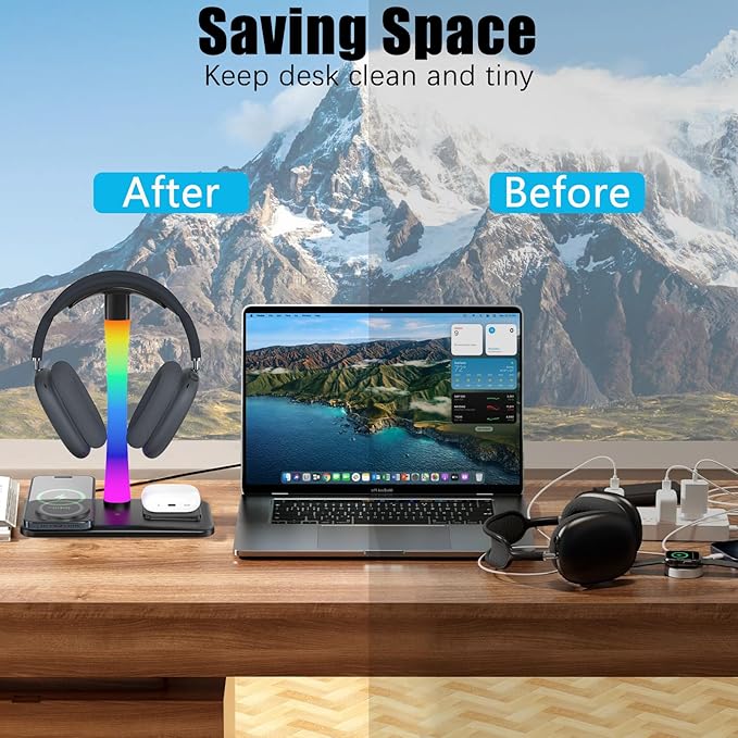 Headphone Stand with Wireless Charger,Gaming HeadsetStand with RGB Light Mode,AirpodMaxStand Compatible with Airpod Pro/3/2,iPhone 16/15/14/13/12/11,Samsung,Gifts for Gamers and Music Lover