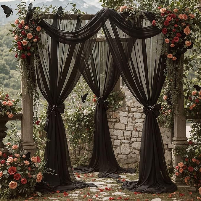 Wedding Arch Draping Fabric,1 Panel 18FT Black Sheer Chiffon Curtain Drapes 6 Yards for Wedding Ceremony Birthday Party Decoration