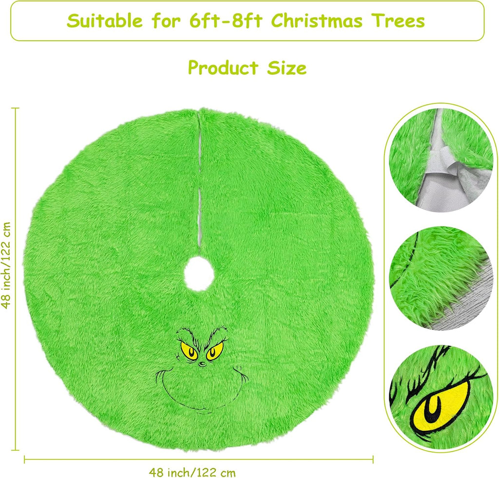 48 inch Green Christmas Tree Skirt, Plush Faux Fur Xmas Tree Skirt | Whimsical Funny Velvet Farmhouse Tree Skirt Decorations for 6-7 ft Tree Halloween Xmas Holiday Party