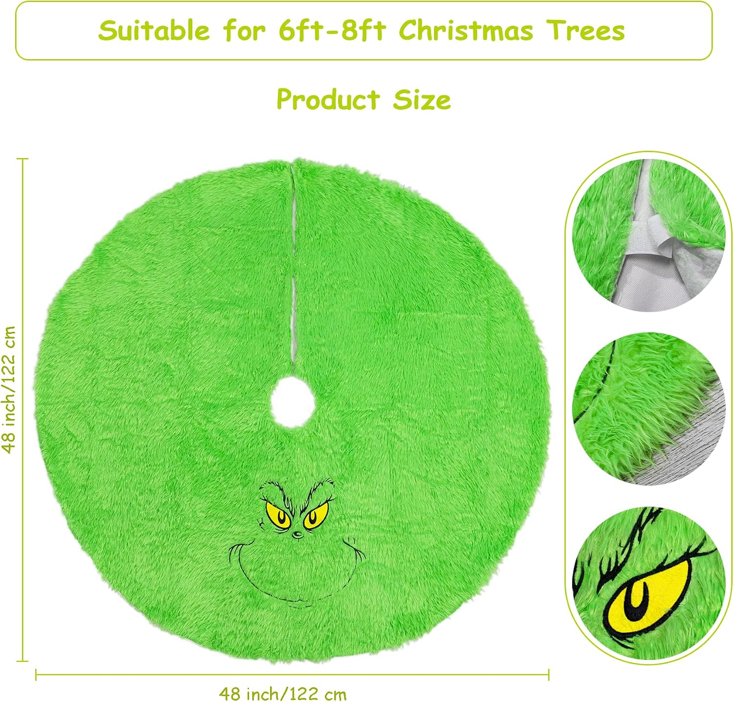 48 inch Green Christmas Tree Skirt, Plush Faux Fur Xmas Tree Skirt | Whimsical Funny Velvet Farmhouse Tree Skirt Decorations for 6-7 ft Tree Halloween Xmas Holiday Party