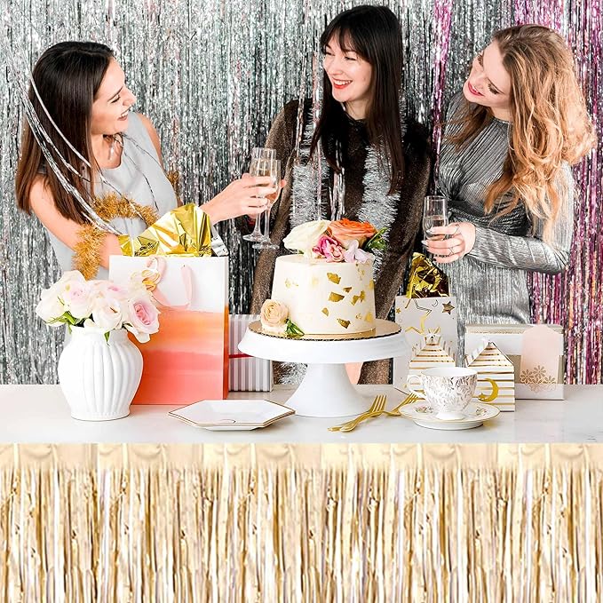 3 Pack 29 x108 Inch Champagne Gold Foil Fringe Table Skirts Metallic Banner for Tinsel Streamer Garland Backdrop for Parade Floats Mother's Day, Graduate, Birthday, Wedding Party Decoration