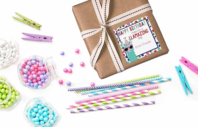 Custom & Personalized Llamazing Llama Happy Birthday Gift Tag Sticker Labels, 24 2.5" Square Stickers by Amanda Creation