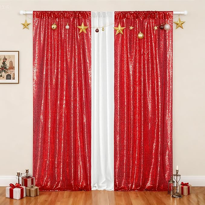 Poise3EHome 2Pcs 2Ft x 8Ft Red Sequin Backdrop Curtains, Glitter Photography Background, Sequence Xmas Thanksgiving Backdrop