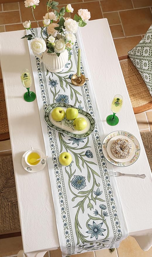 ISAENNE Designer Elegant Linen Table Runner 71 Inches Long,Vintage Blue Floral Pattern Decor Table Runners for Dining Tables,Kitchen Tables,Thanksgiving,Christmas,Banquet,12"*71"-Mosella E