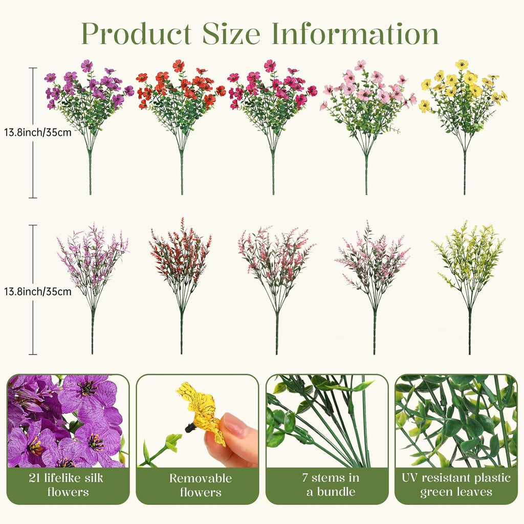 SHareconn 24 Bundles Artificial Flowers for Outdoors Decoration, Faux Plants Fake Silk Colorful Daisy Eucalyptus Lavender, UV Resistant for Outside Home Porch Patio Indoor Spring Decor, Mix 5 Colors