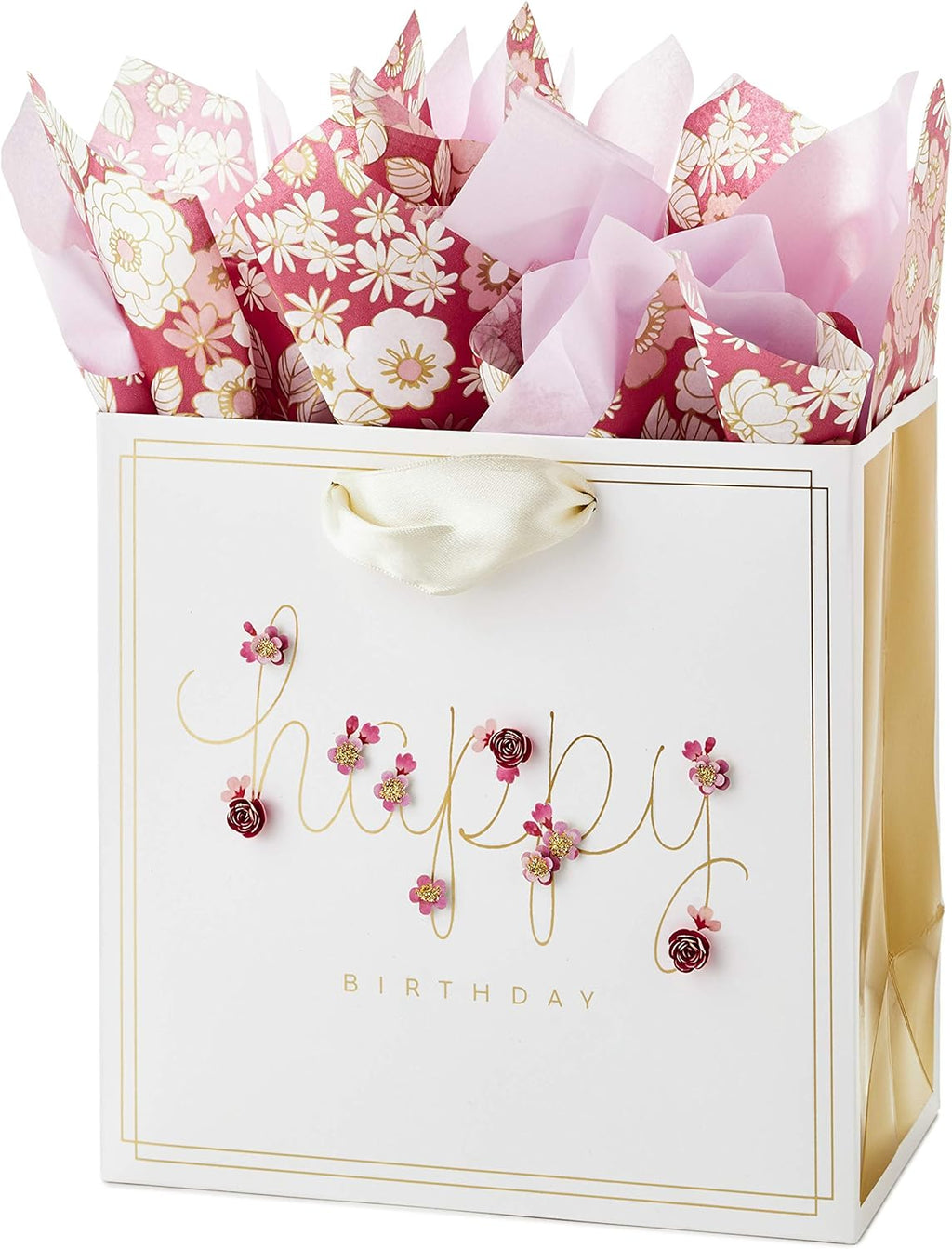 Hallmark Signature 7" Medium Birthday Gift Bag with Tissue Paper (Pink Flowers)