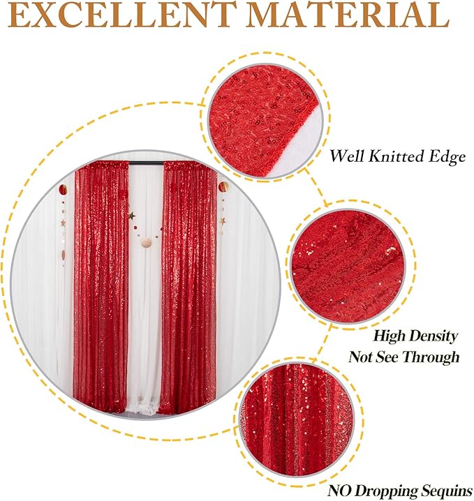 ShinyBeauty Sequin Backdrops 4 Pieces Red Sequin Curtains for Backdrop Panels Photograph Background Shimmer Christmas Backgrounds Birthday Party Decor (2Ftx8Ft)