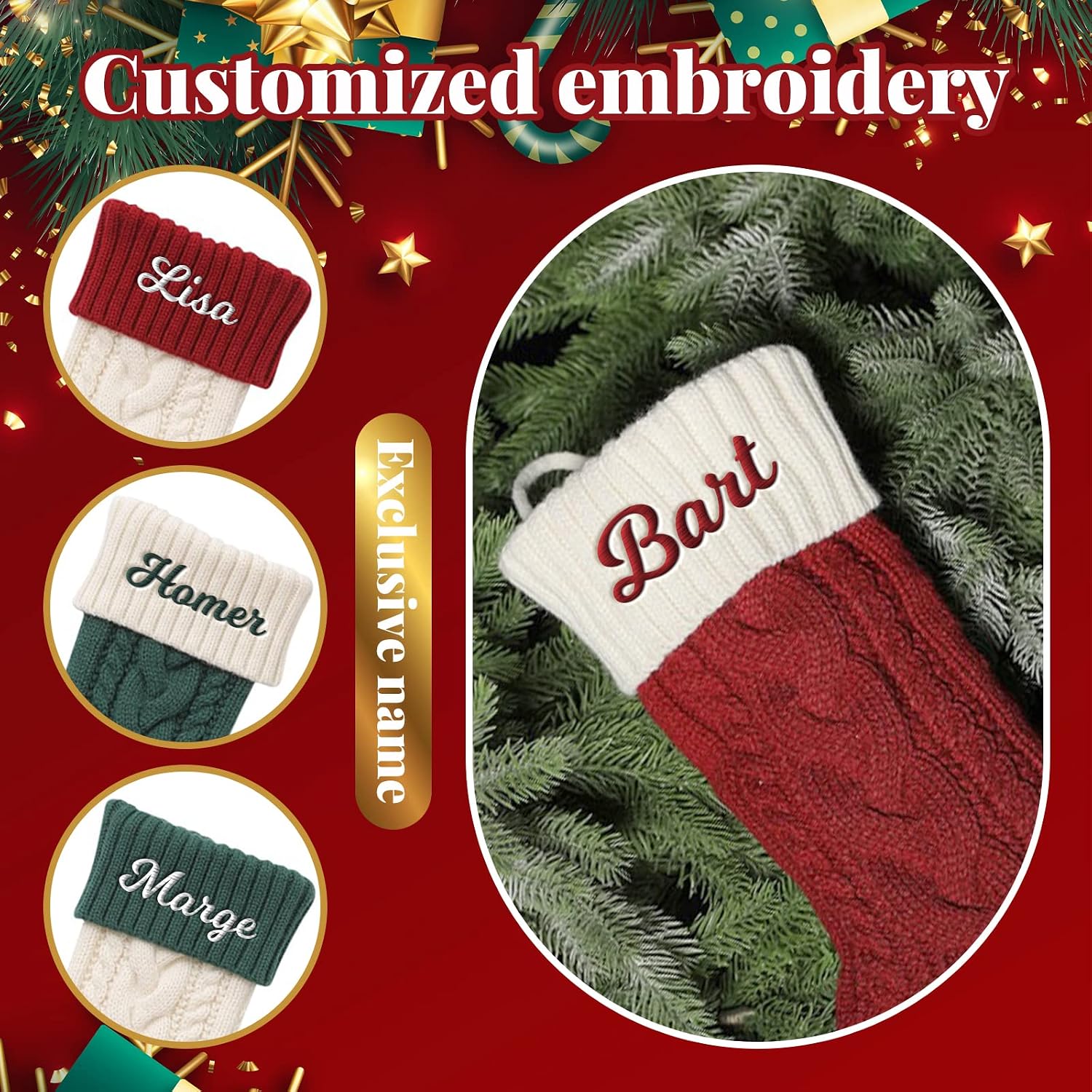 SearchI Personalized Christmas Stocking, 18 Inches Large Custom Family Christmas Stocking with Names Customized Knit Embroidered Xmas Stockings Initial Knitted Fireplace Hanging Stockings (6 Pcs)