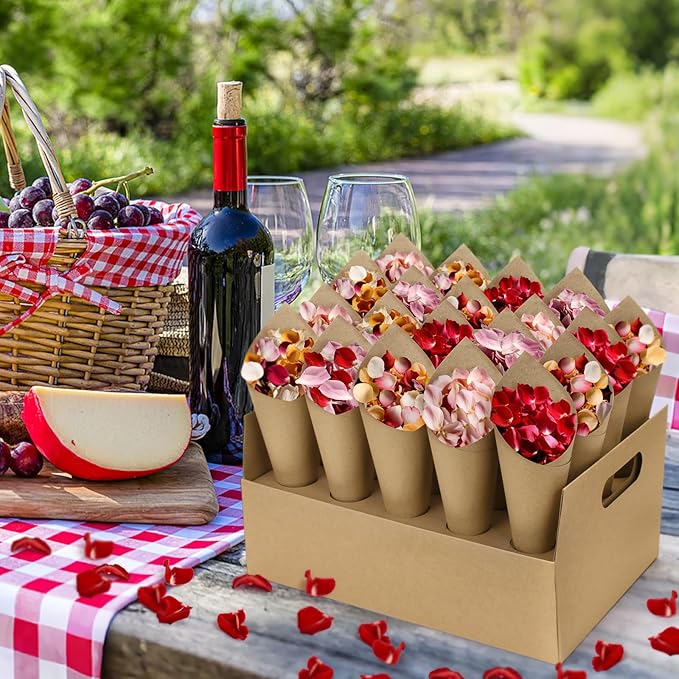 2 Set Wedding Confetti Cone Stand Box, 2 Party Cardboard Cone Holders Trays of 20 Holes Each with 40 Kraft Cone Paper for Wedding, Party, Celebration, Decoration