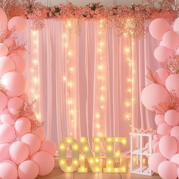 Wish Care 10ft x 10ft Baby Pink Chiffon Backdrop Curtain with Lights String for Parites Wedding Wrinkle Free Curtain Photo Backdrops Drapes for Baby Shower Birthday Party Home Decorations
