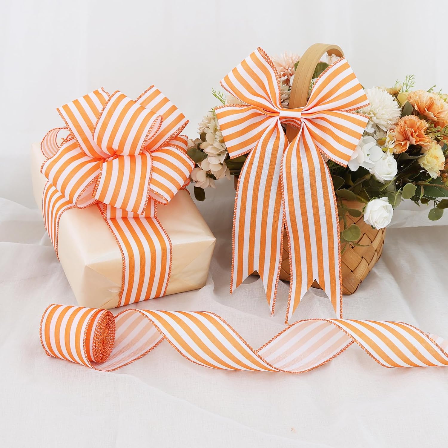 TONIFUL 2.5 Inch Orange Stripe Burlap Wired Ribbon, Summer Spring Easter Ribbon for Gift Wrapping, Wreath Bows Making, Crafts, Baby Shower, Home Decoration, Easter Decor (Orange, 6yds)