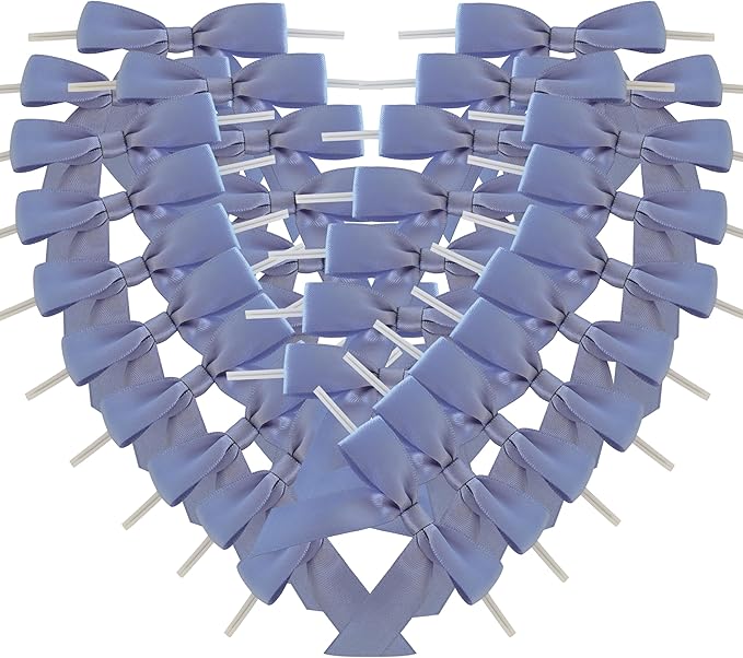 50pcs 2-1/2" Smog Blue Satin Ribbon Bows with Twist Ties Smog Satin Ribbon Bows for Candy Party Decoration Gift Packing Wrapping Accessories(2.5”,Airy Blue)