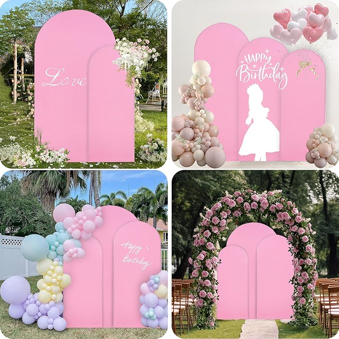 WEERRW Wedding Arch Cover Pink Spandex Fitted Set of 3 Balloon Arch Stand Covers Round Top Chiara Stretchy Backdrop for Birthday Party Baby Shower Banquet Decoration (6FT, 6.6FT, 7.2FT)