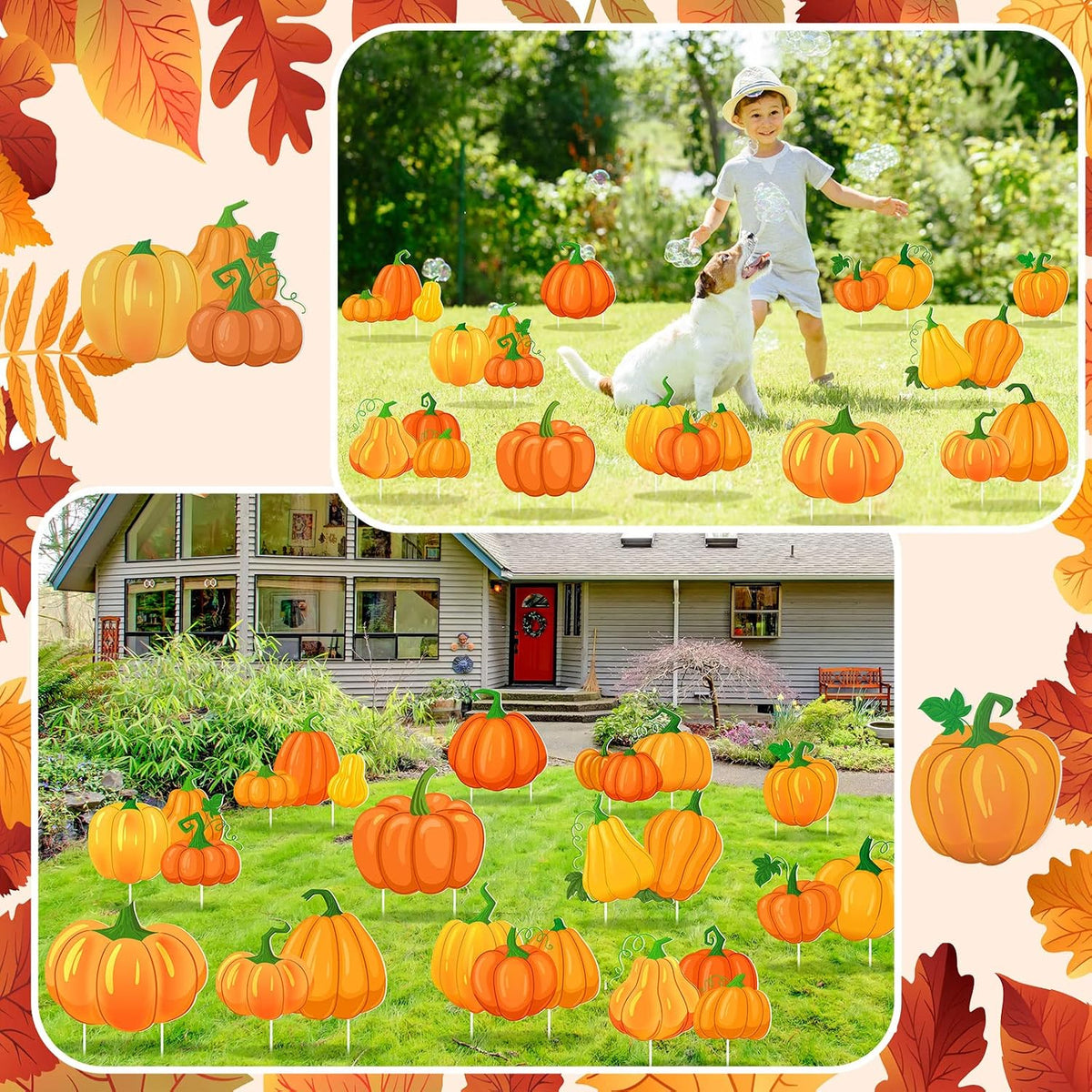 12 Pcs Fall Pumpkin Yard Sign with Stakes, 12 x 10'' Garden Lawn Stakes