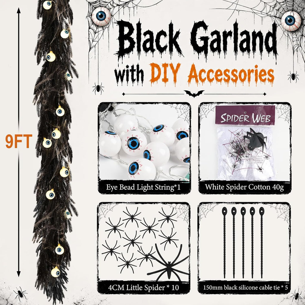 9ft black halloween garland with eyeball string light showing dimensions