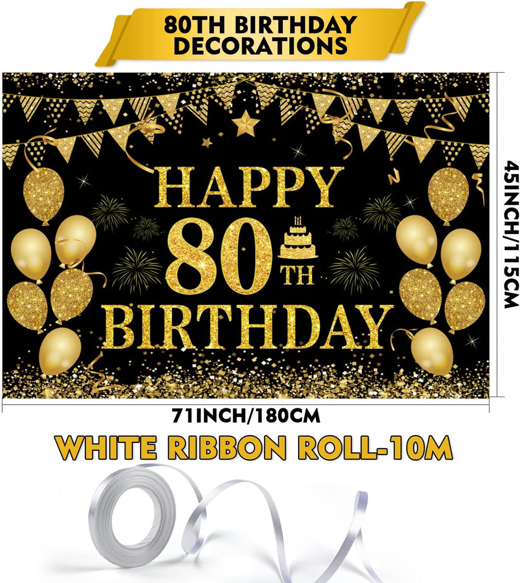 80th Birthday Decorations for Men Women - Happy 80th Birthday Banners Decorations Black Gold 80 Years Birthday Party Favor Backdrop for 80th Birthday Party Sign Decor (71 x 45 inch)